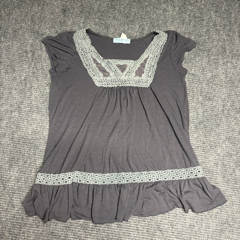 Women's Gray Crochet Tunic Top Boho Ruffle Hem Short Sleeve‎